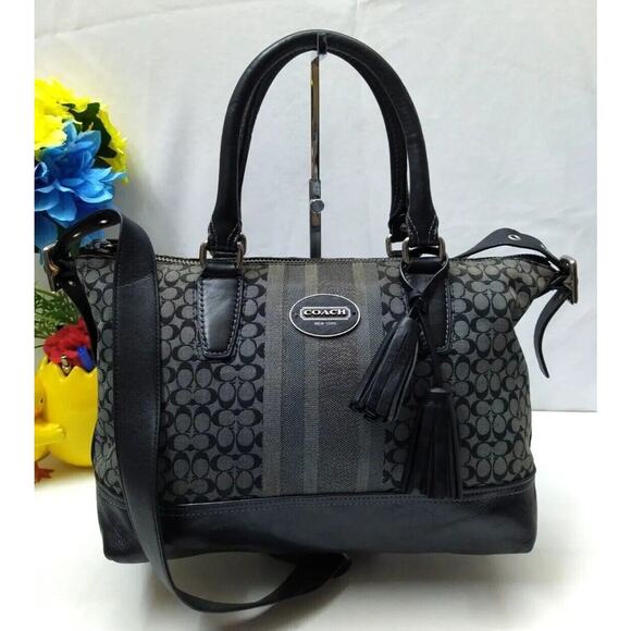 Coach Molly Signature Black Canvas Stripes Top Handles Zipper Satchel Bag - Picture 1 of 14